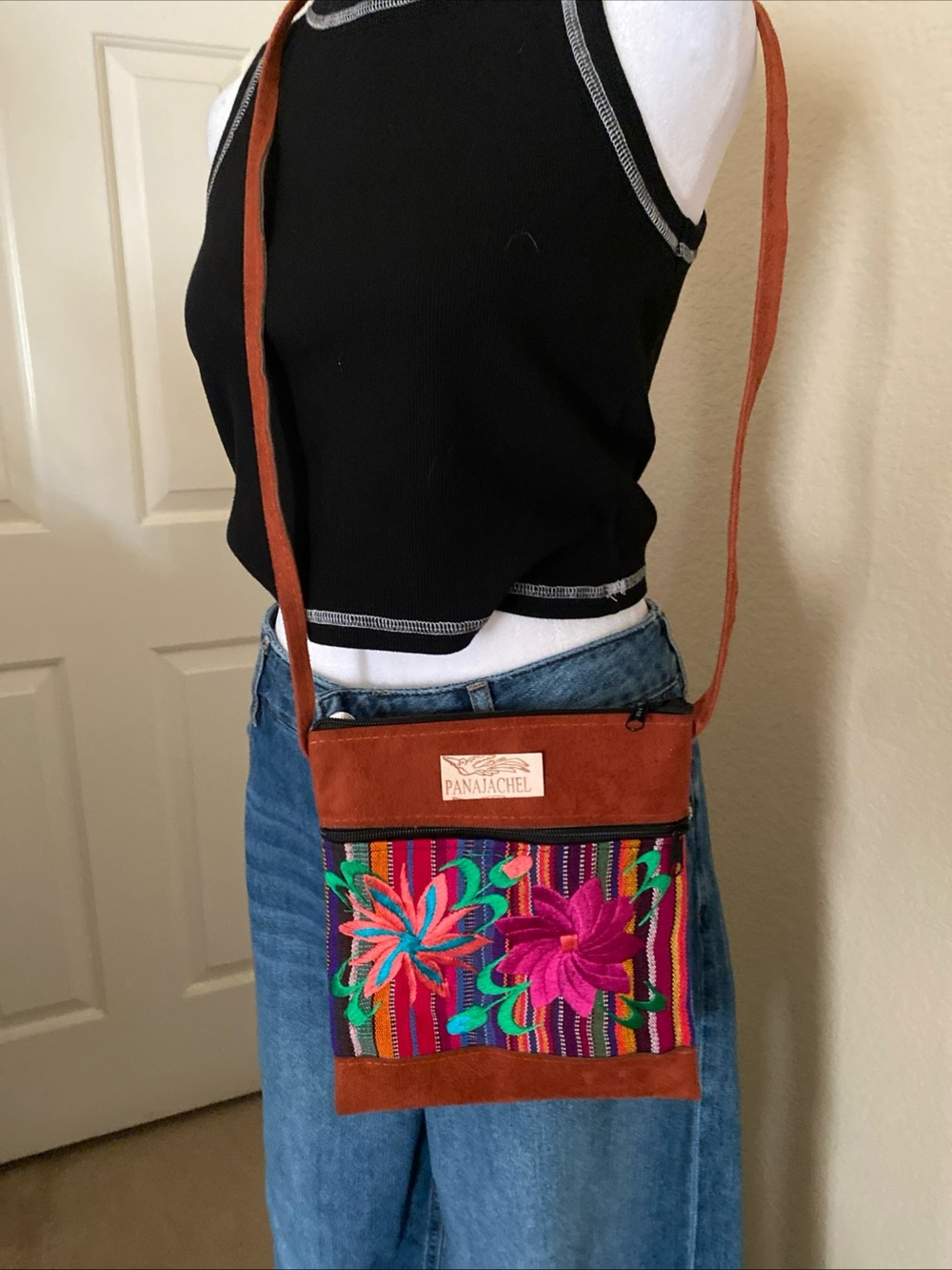 Handmade Guatemalan suede vintage embroidered crossbody vintage boho festival